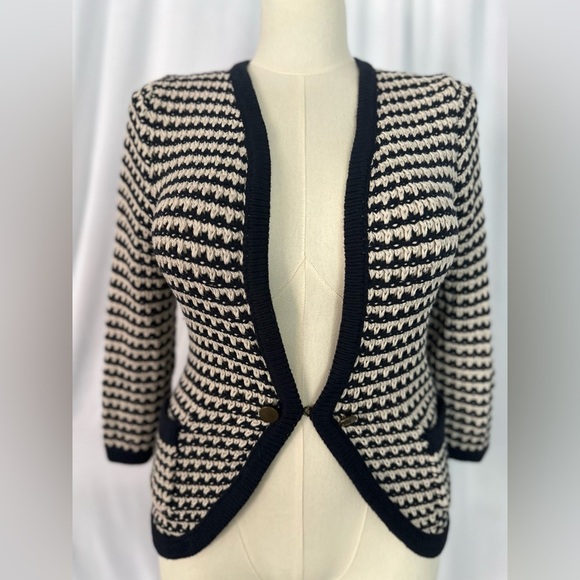 LOFT Black and White Striped Cardigan Sweater (780) - Picture 1 of 13